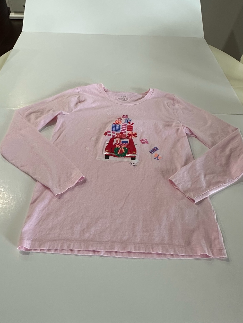 J. Crew women’s Pink Long-Sleeve Holiday Gift-Print long sleeve tshirt